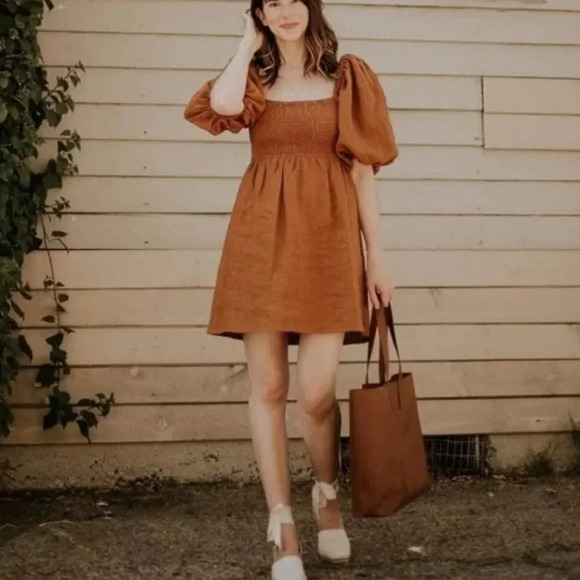 Sezane Dresses & Skirts - Sézane Carlie Dress Linen Puff Sleeve In Camel